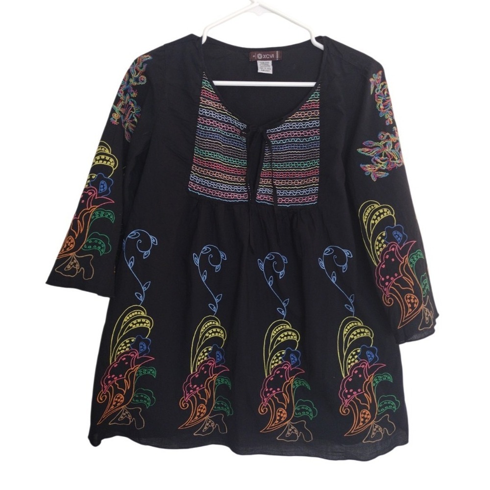 XCVI 3/4‎ Bell Sleeve Blouse Women  S Black 100% Cotton Embroidered Boho Festive